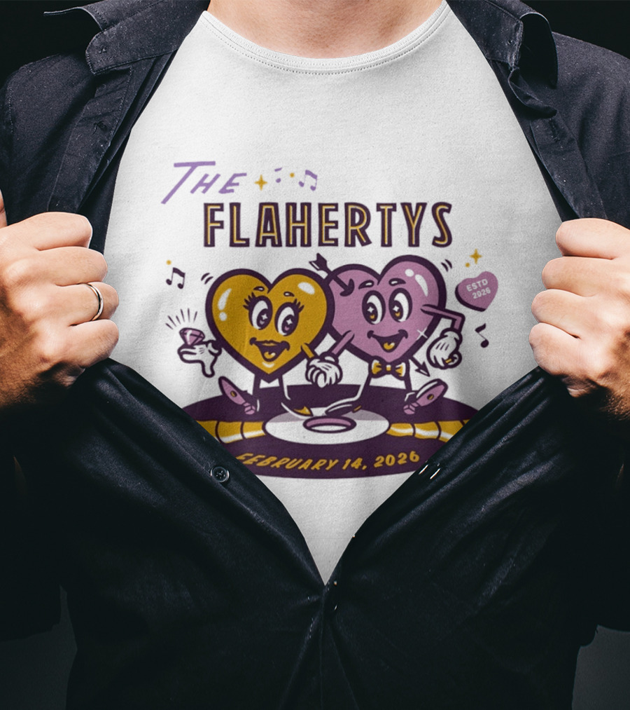 The Flahertys February 14 2026 Dancing Wedding Hearts With Music Notes T-Shirt