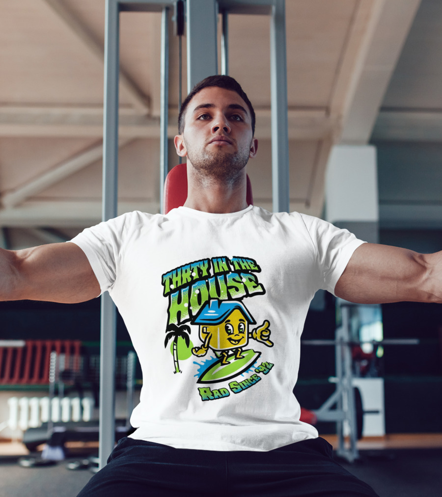 Thrty In The House Rad Since 92 Surfer Cartoon Palm Tree Vibes T-Shirt