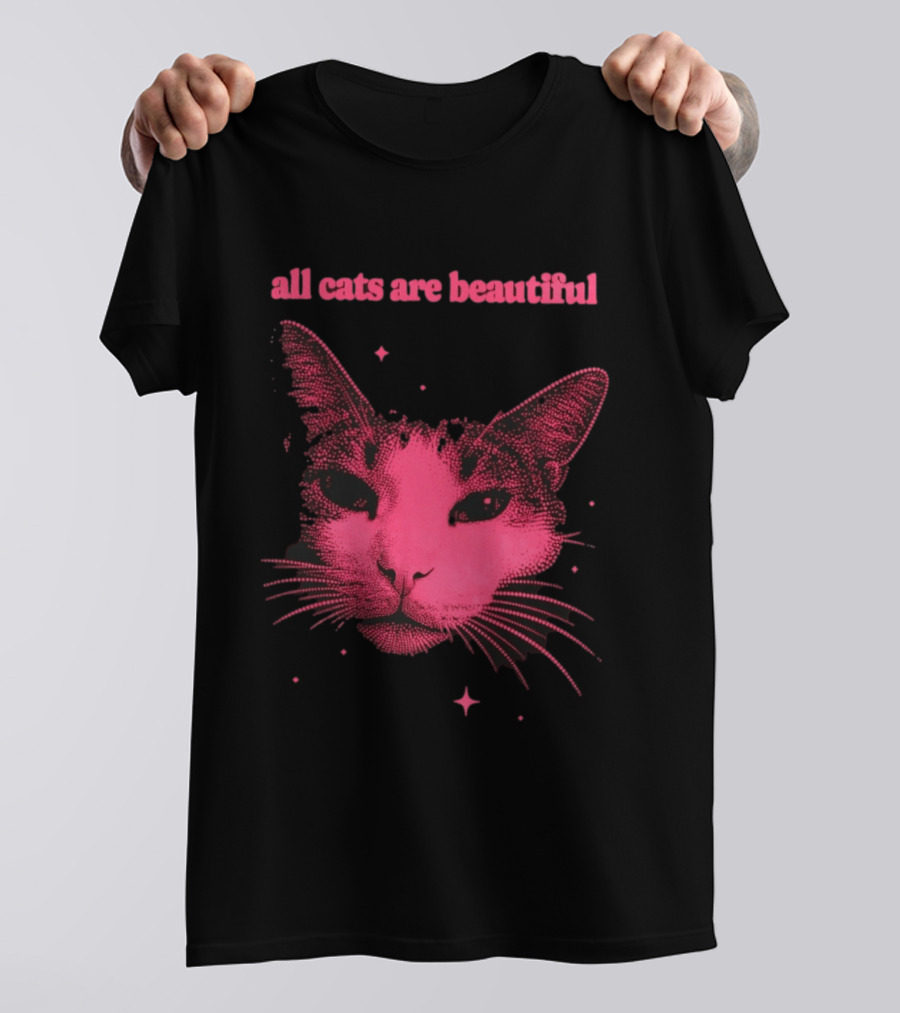 All Cats Are Beautiful Pink Halftone Cat Face With Stars T-Shirt