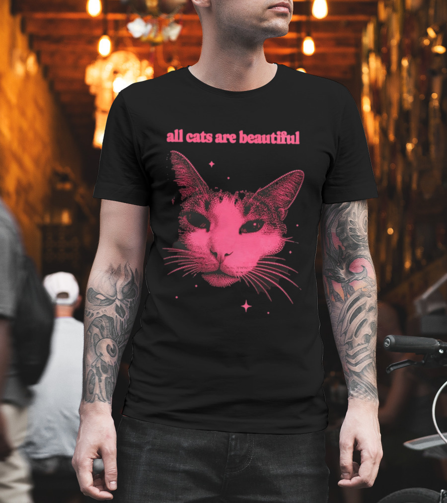 All Cats Are Beautiful Pink Halftone Cat Face With Stars T-Shirt