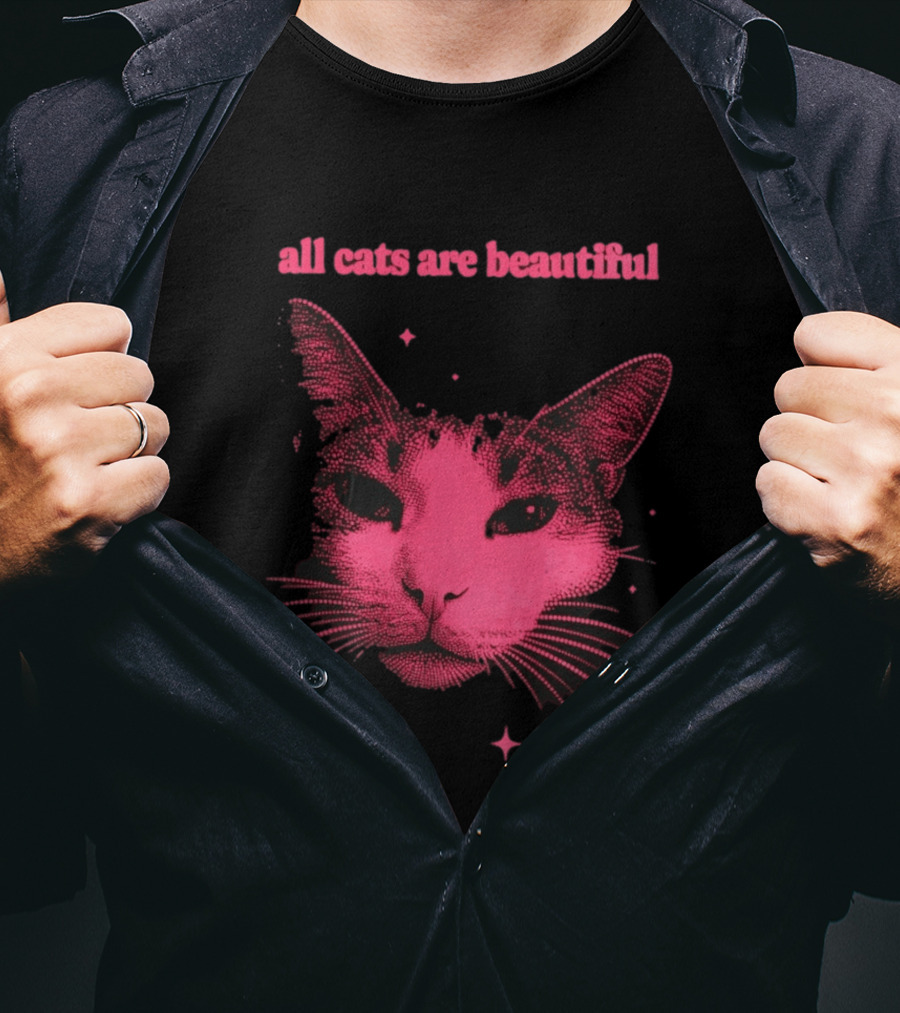 All Cats Are Beautiful Pink Halftone Cat Face With Stars T-Shirt