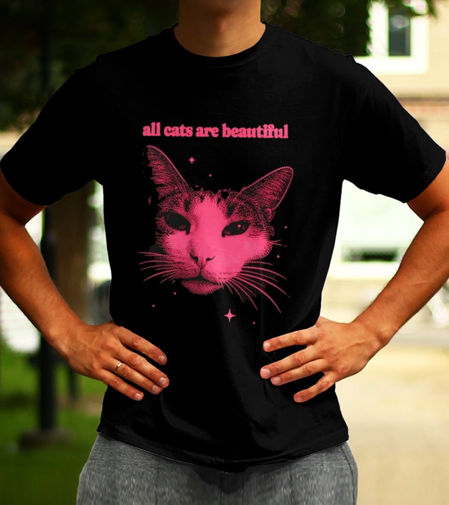 All Cats Are Beautiful Pink Halftone Cat Face With Stars T-Shirt
