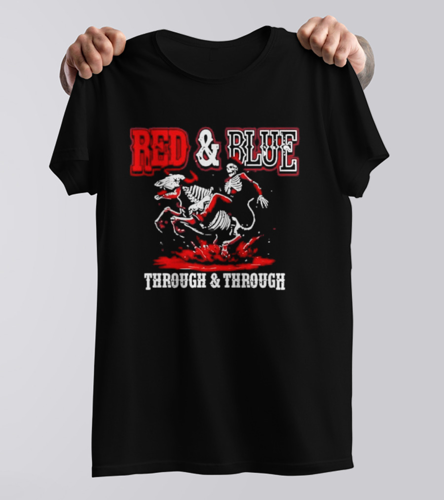 Red And Blue Through And Through Skeleton Cowboy Riding Horse T-Shirt