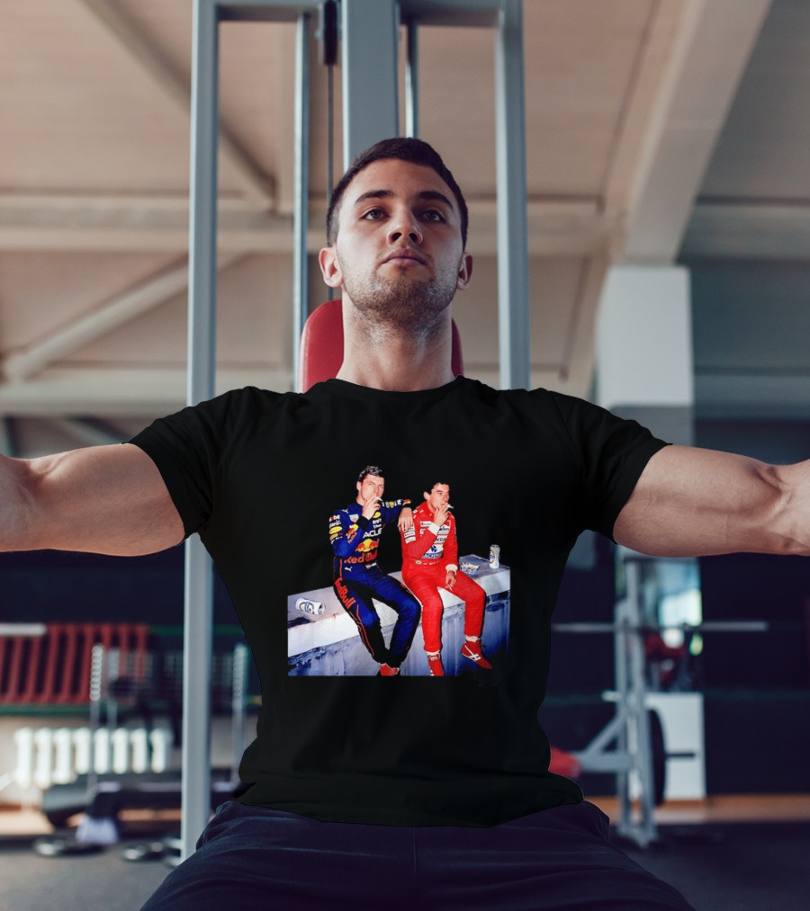 Max Verstappen Red Bull Racing And Ayrton Senna Honda Marlboro F1 Legends Smoking Together T-Shirt