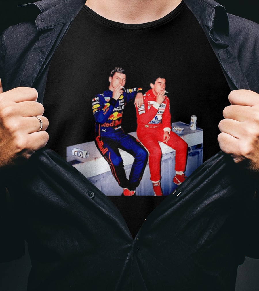 Max Verstappen Red Bull Racing And Ayrton Senna Honda Marlboro F1 Legends Smoking Together T-Shirt