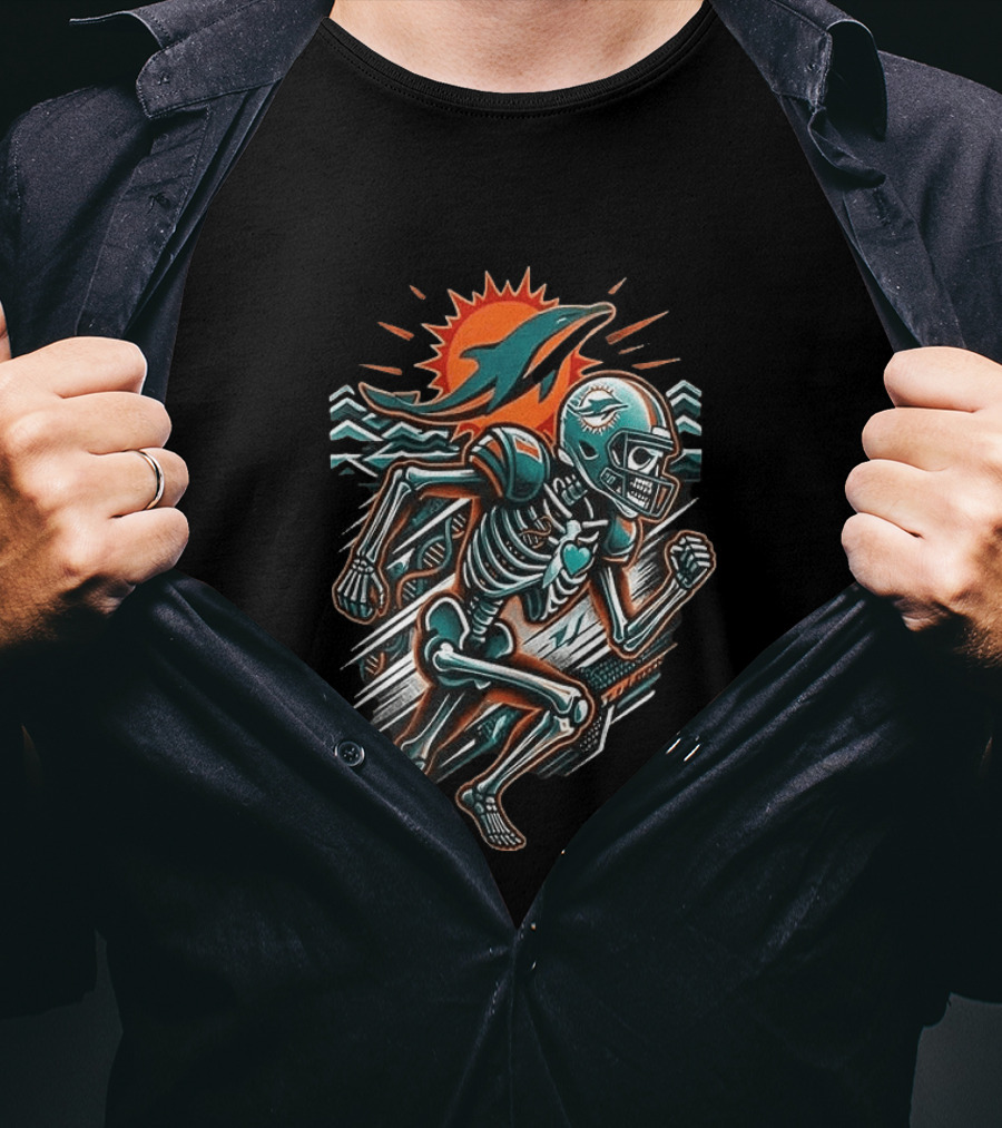 Miami Dolphins Runs In My Blood Skeleton Football Sprint T-Shirt