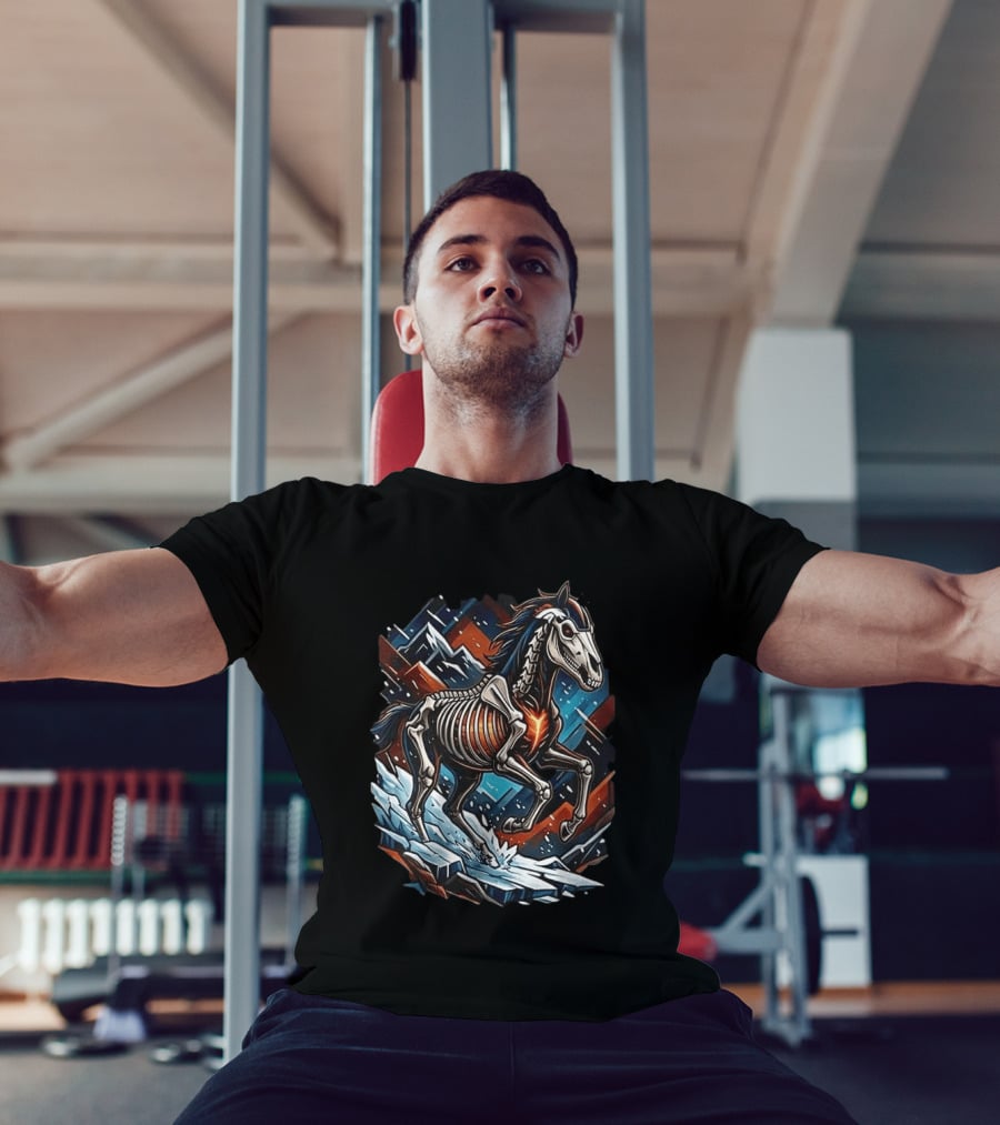 Denver Broncos Runs In My Blood Skeleton Horse And Mountains T-Shirt