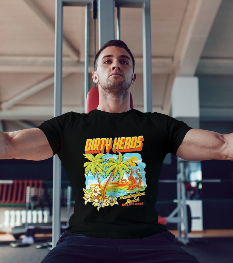 Dirty Heads Tropical Beach Palm Trees Ocean Sunset Octopus Huntington Beach California T-Shirt