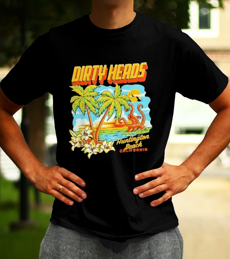 Dirty Heads Tropical Beach Palm Trees Ocean Sunset Octopus Huntington Beach California T-Shirt
