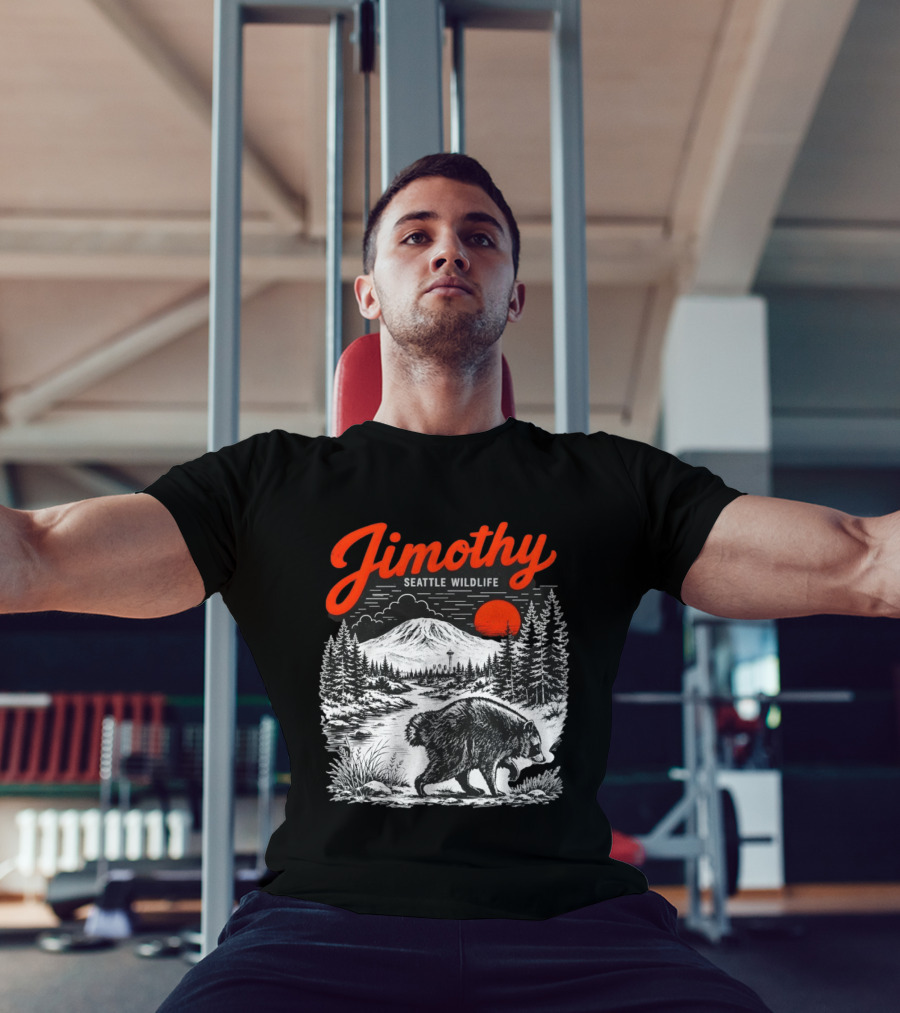 Jimothy Seattle Wildlife Raccoon With Mountain And Space Needle T-Shirt