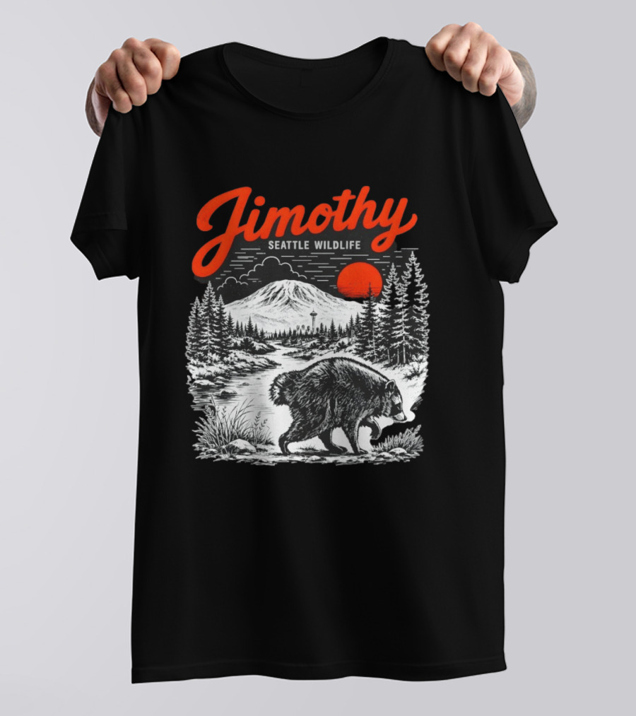 Jimothy Seattle Wildlife Raccoon With Mountain And Space Needle T-Shirt