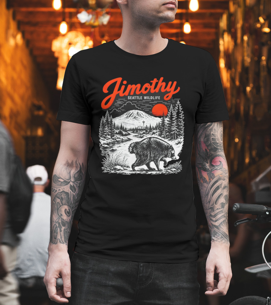 Jimothy Seattle Wildlife Raccoon With Mountain And Space Needle T-Shirt