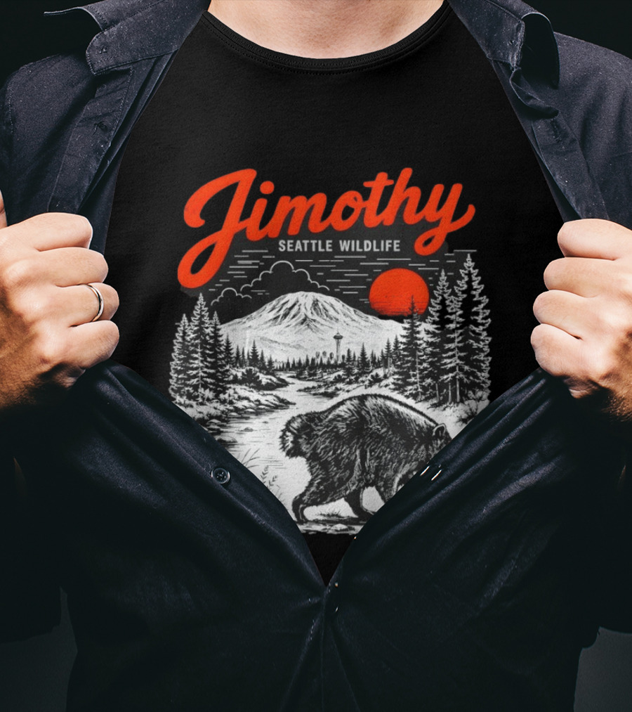 Jimothy Seattle Wildlife Raccoon With Mountain And Space Needle T-Shirt