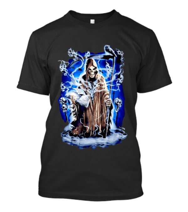 Sooner Than You Think Grim Reaper Skull And Scythe In Blue Mist T-Shirt