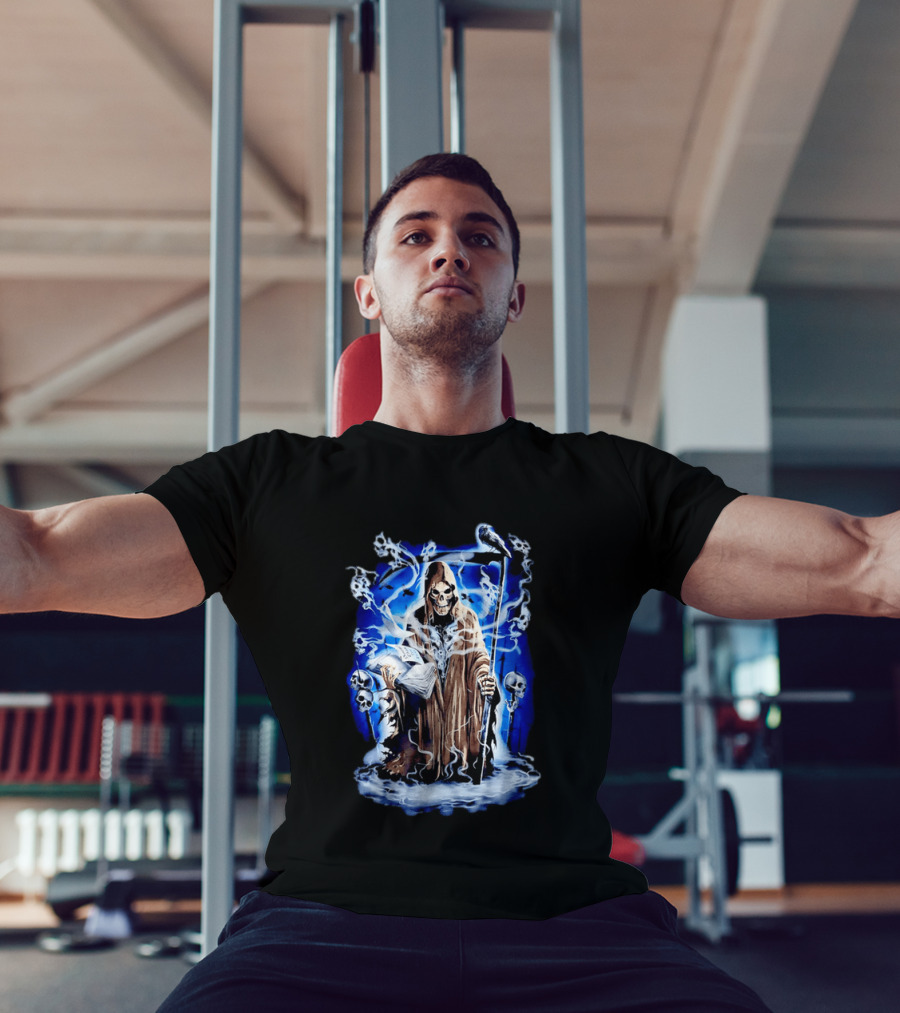 Sooner Than You Think Grim Reaper Skull And Scythe In Blue Mist T-Shirt