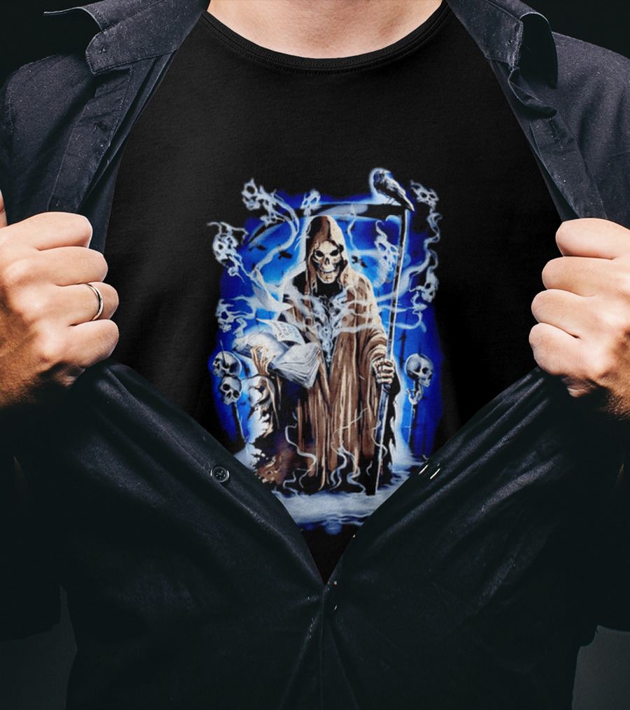 Sooner Than You Think Grim Reaper Skull And Scythe In Blue Mist T-Shirt