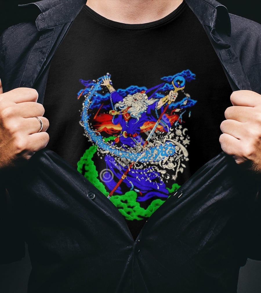 Wizard Casting Magic Conjuring Galaxies Fantasy Aurora Sky T-Shirt