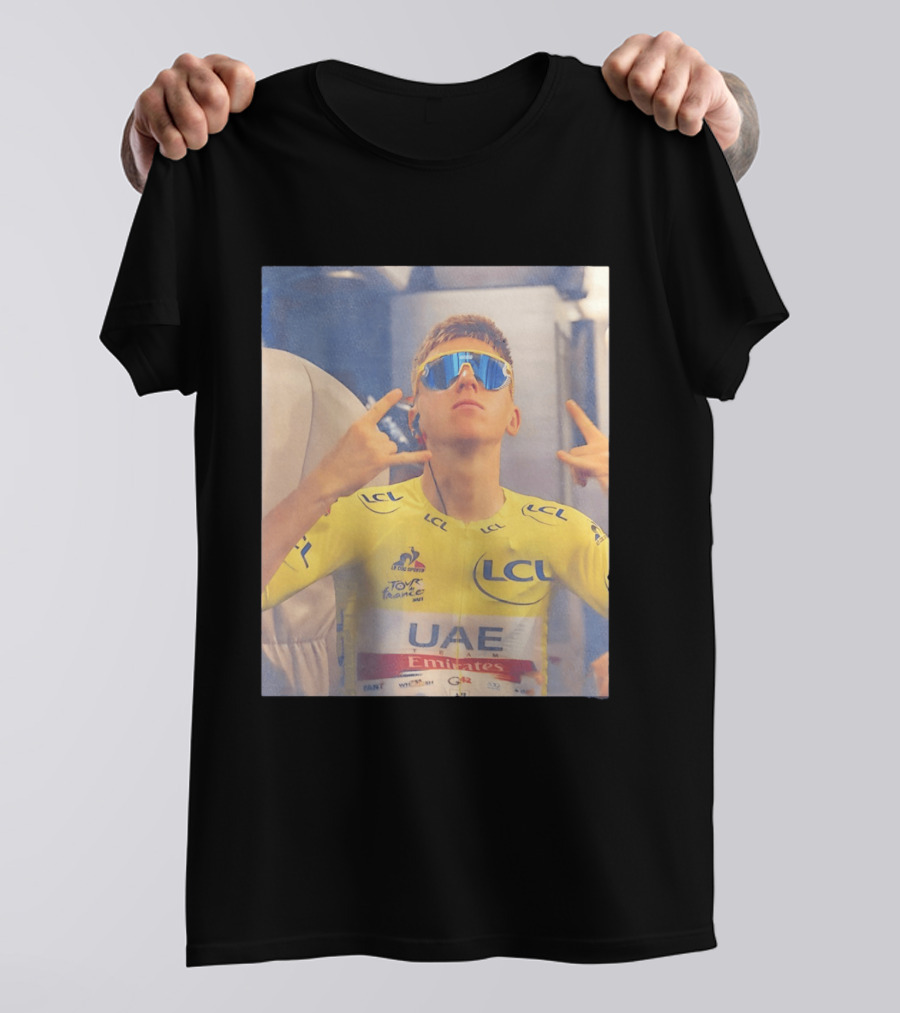 Tadej Pogačar In UAE Emirates Tour De France LCL Yellow Jersey With Sunglasses T-Shirt