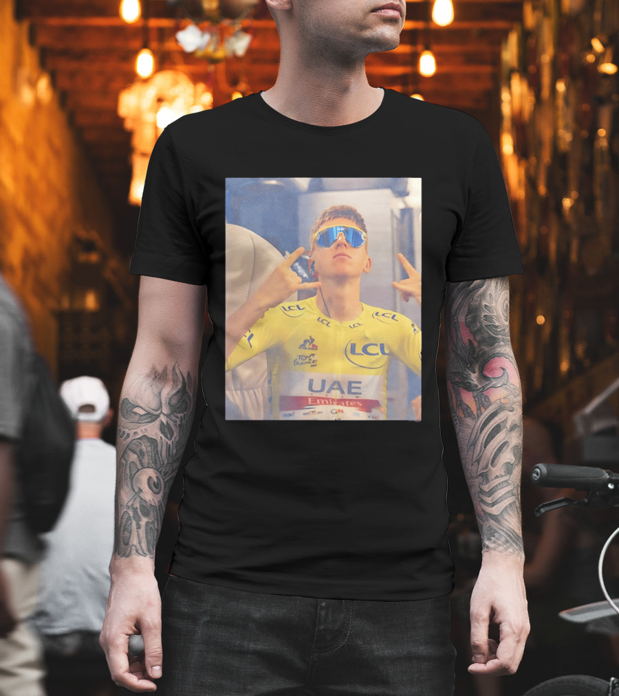 Tadej Pogačar In UAE Emirates Tour De France LCL Yellow Jersey With Sunglasses T-Shirt