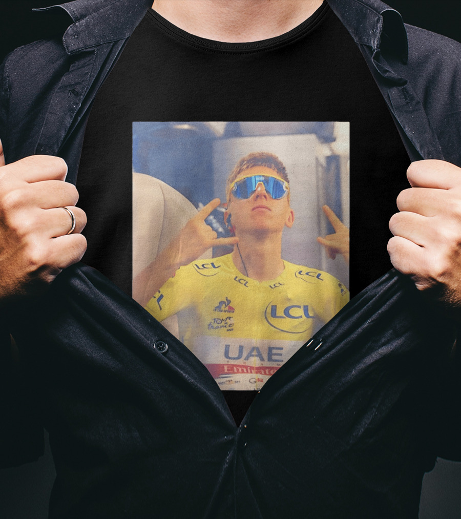 Tadej Pogačar In UAE Emirates Tour De France LCL Yellow Jersey With Sunglasses T-Shirt