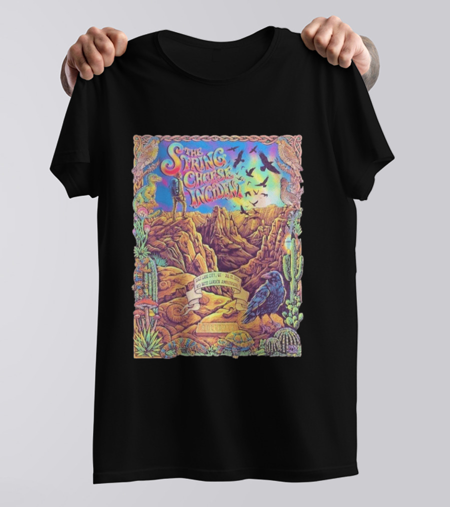The String Cheese Incident Salt Lake City Utah Red Butte Garden Amphitheatre July 22 2026 Psychedelic Desert Scene With Wildlife And Cactus T-Shirt