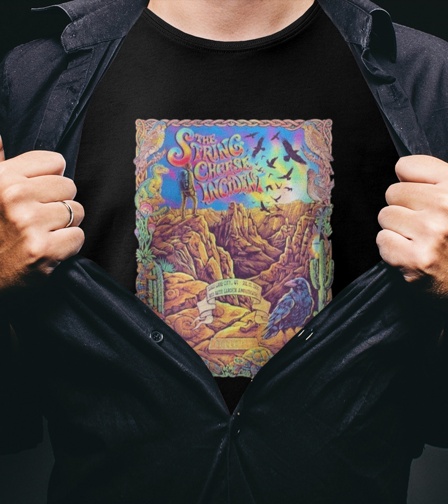 The String Cheese Incident Salt Lake City Utah Red Butte Garden Amphitheatre July 22 2026 Psychedelic Desert Scene With Wildlife And Cactus T-Shirt