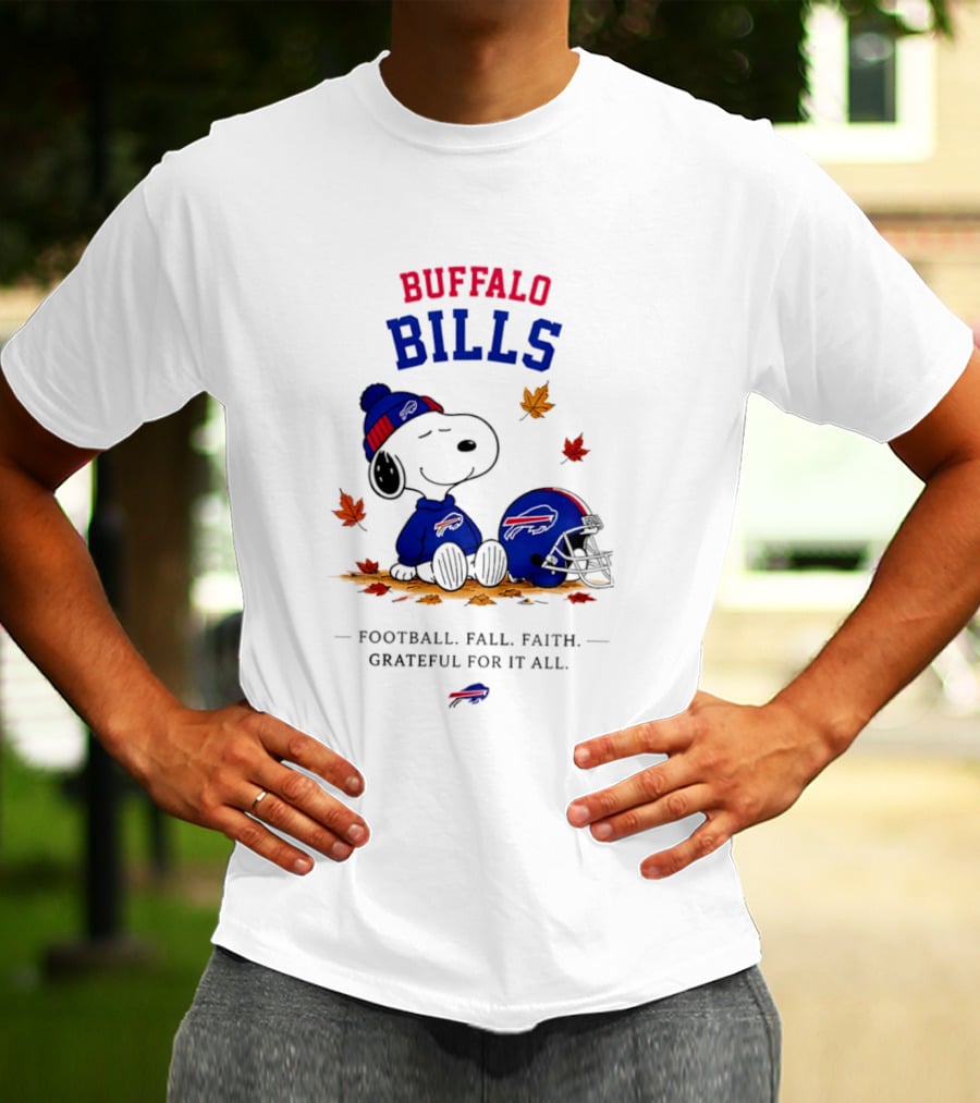 Buffalo Bills Snoopy Football Fall Faith Grateful For It All Leaves T-Shirt