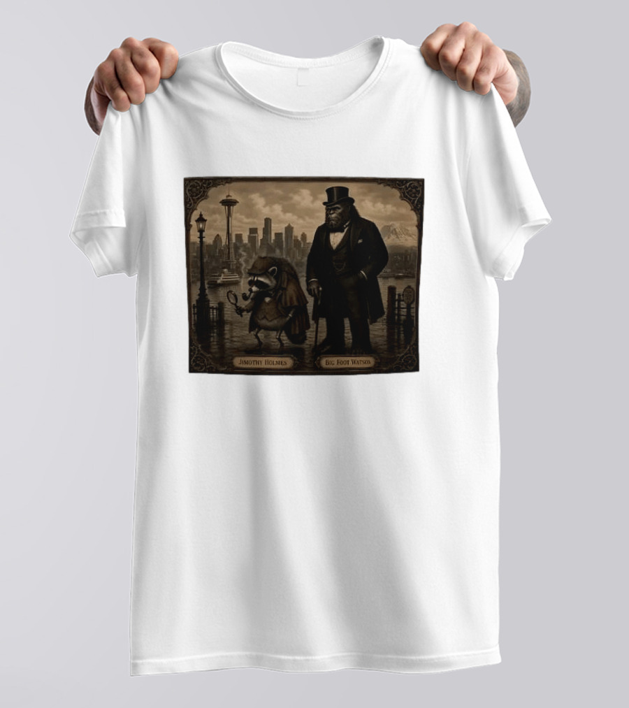 Jimothy Holmes Bigfoot Watson In Vintage Detective Scene Seattle Skyline T-Shirt