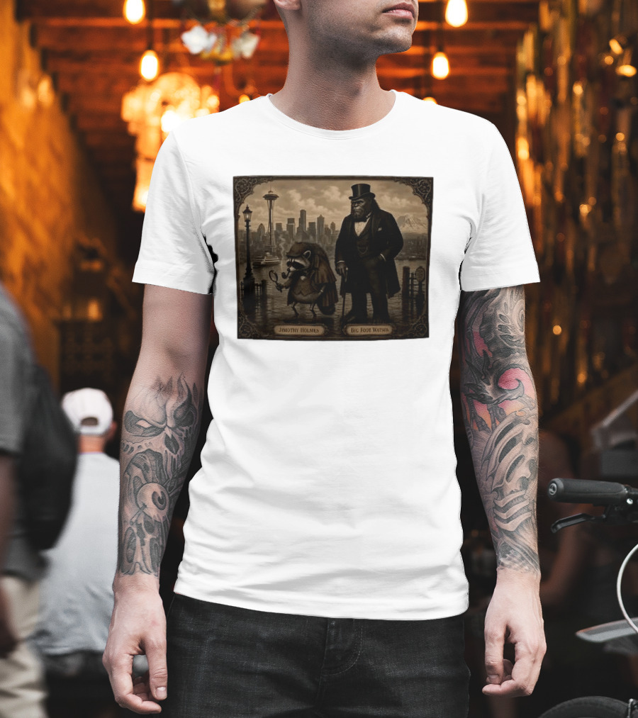 Jimothy Holmes Bigfoot Watson In Vintage Detective Scene Seattle Skyline T-Shirt