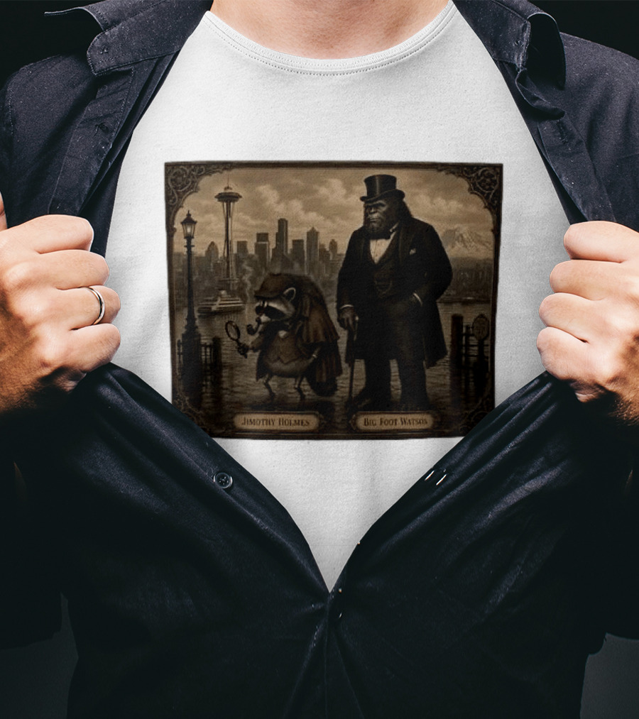 Jimothy Holmes Bigfoot Watson In Vintage Detective Scene Seattle Skyline T-Shirt