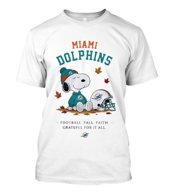 Miami Dolphins Snoopy Football Fall Faith Grateful For It All Peanuts NFL Helmet Team Fan T-Shirt