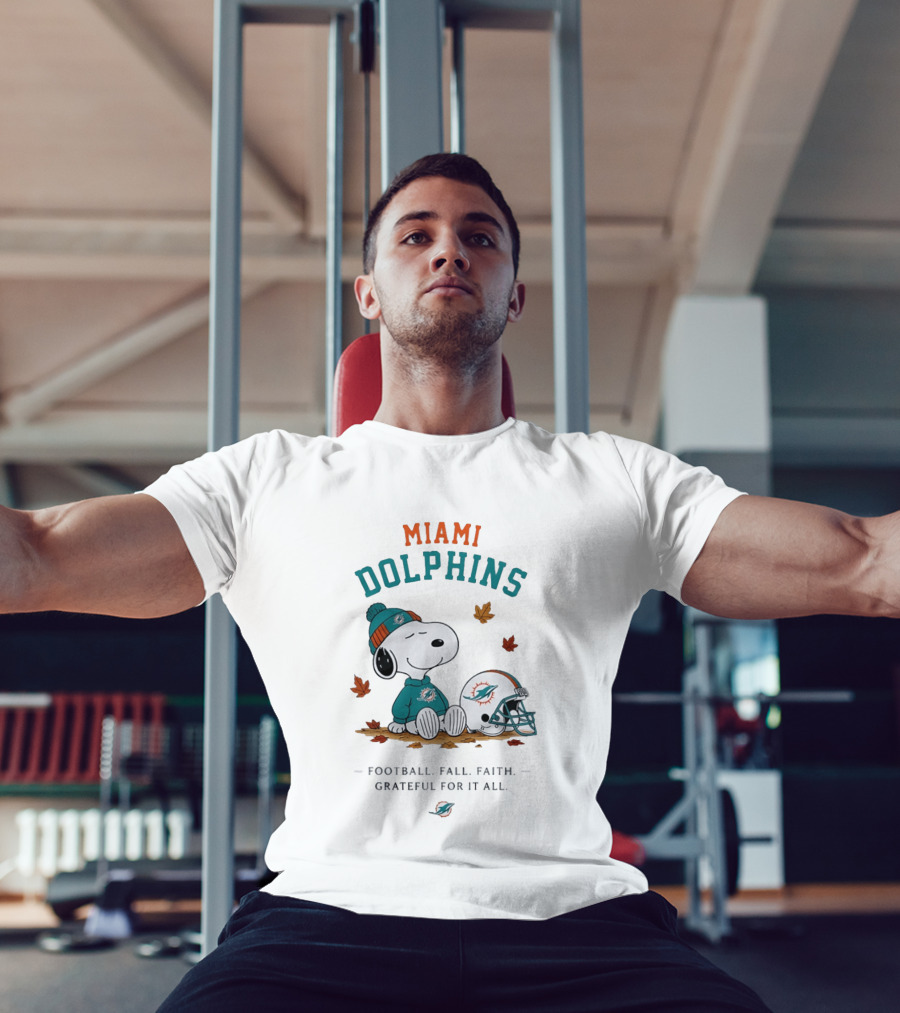 Miami Dolphins Snoopy Football Fall Faith Grateful For It All Peanuts NFL Helmet Team Fan T-Shirt