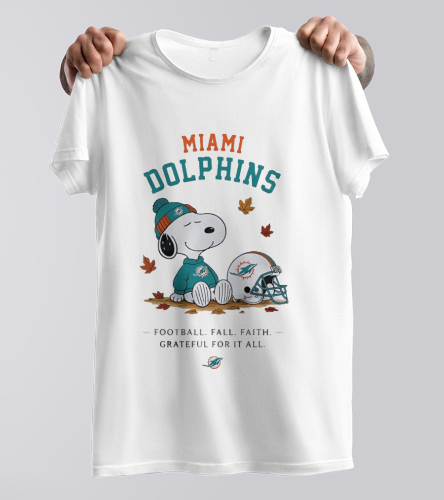 Miami Dolphins Snoopy Football Fall Faith Grateful For It All Peanuts NFL Helmet Team Fan T-Shirt