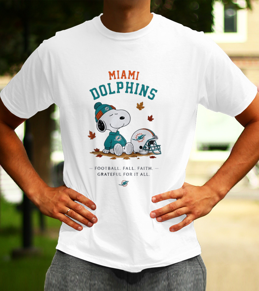 Miami Dolphins Snoopy Football Fall Faith Grateful For It All Peanuts NFL Helmet Team Fan T-Shirt