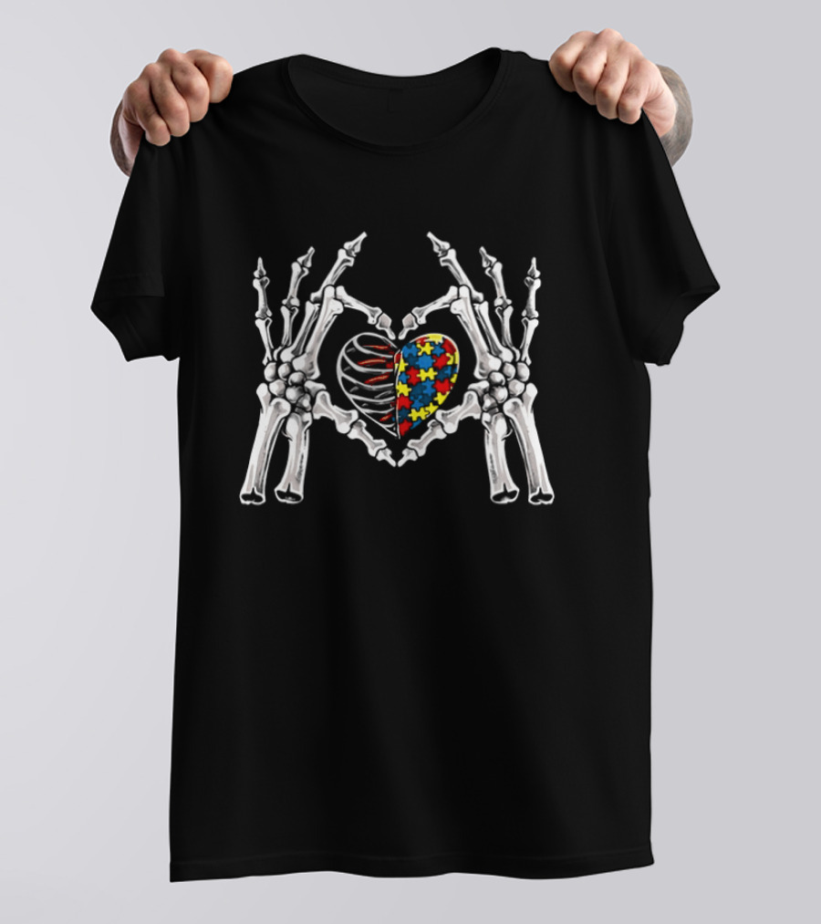 Autism Awareness Gothic Skull Hand Heart Puzzle Halloween 2026 T-Shirt
