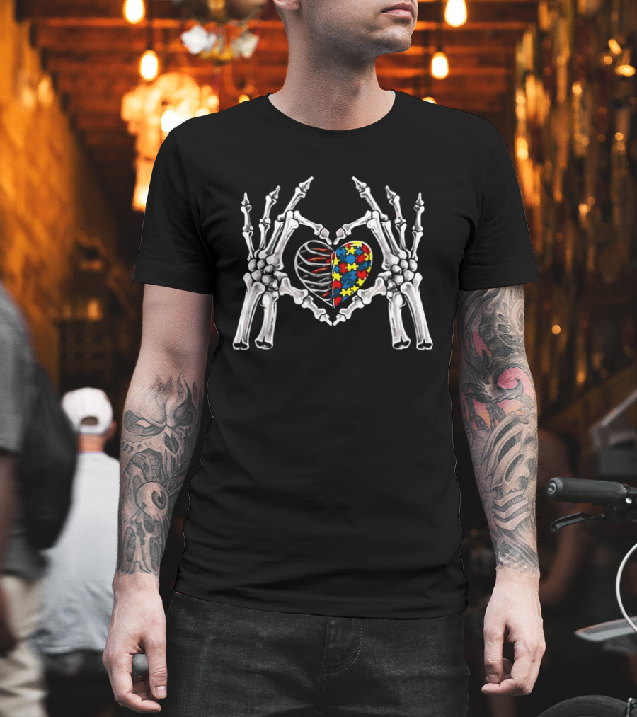 Autism Awareness Gothic Skull Hand Heart Puzzle Halloween 2026 T-Shirt