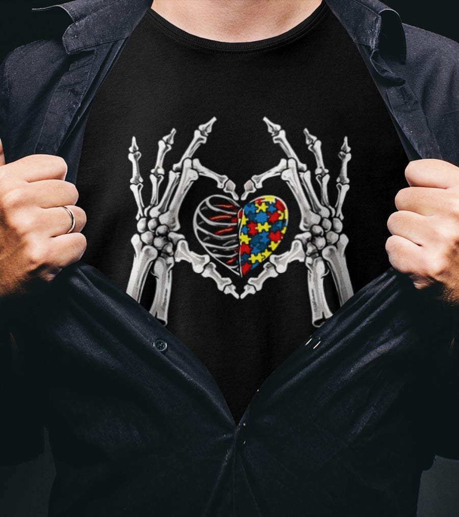 Autism Awareness Gothic Skull Hand Heart Puzzle Halloween 2026 T-Shirt