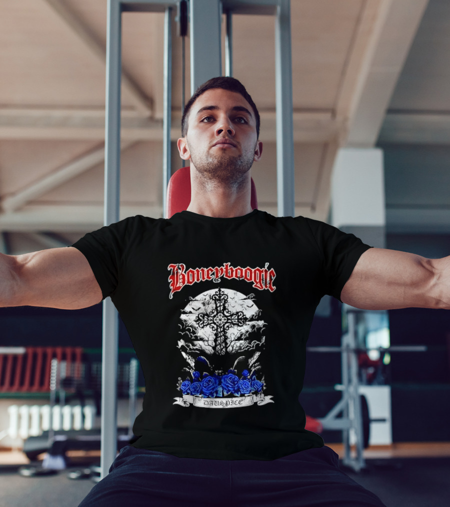 Boneyboogie Gothic Cross With Blue Roses And Full Moon T-Shirt