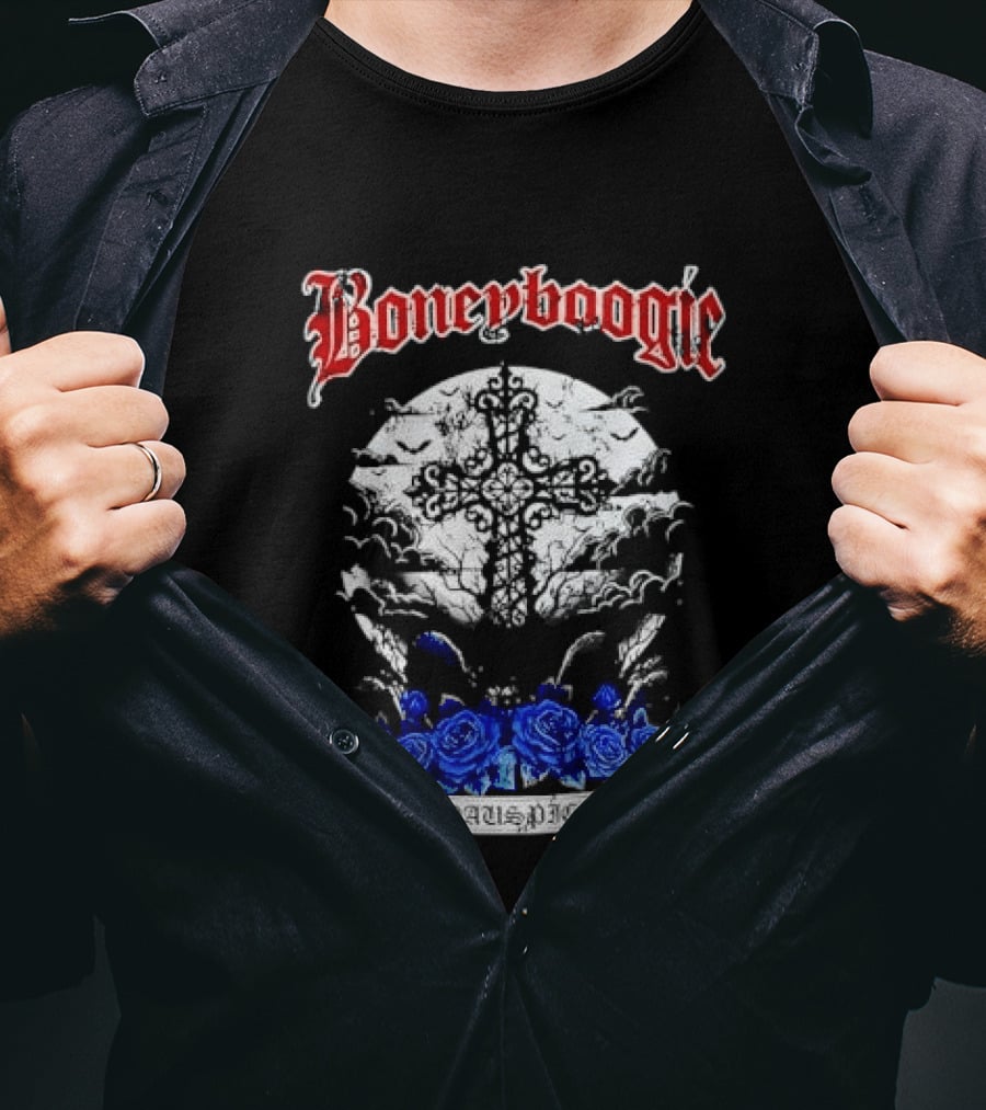 Boneyboogie Gothic Cross With Blue Roses And Full Moon T-Shirt