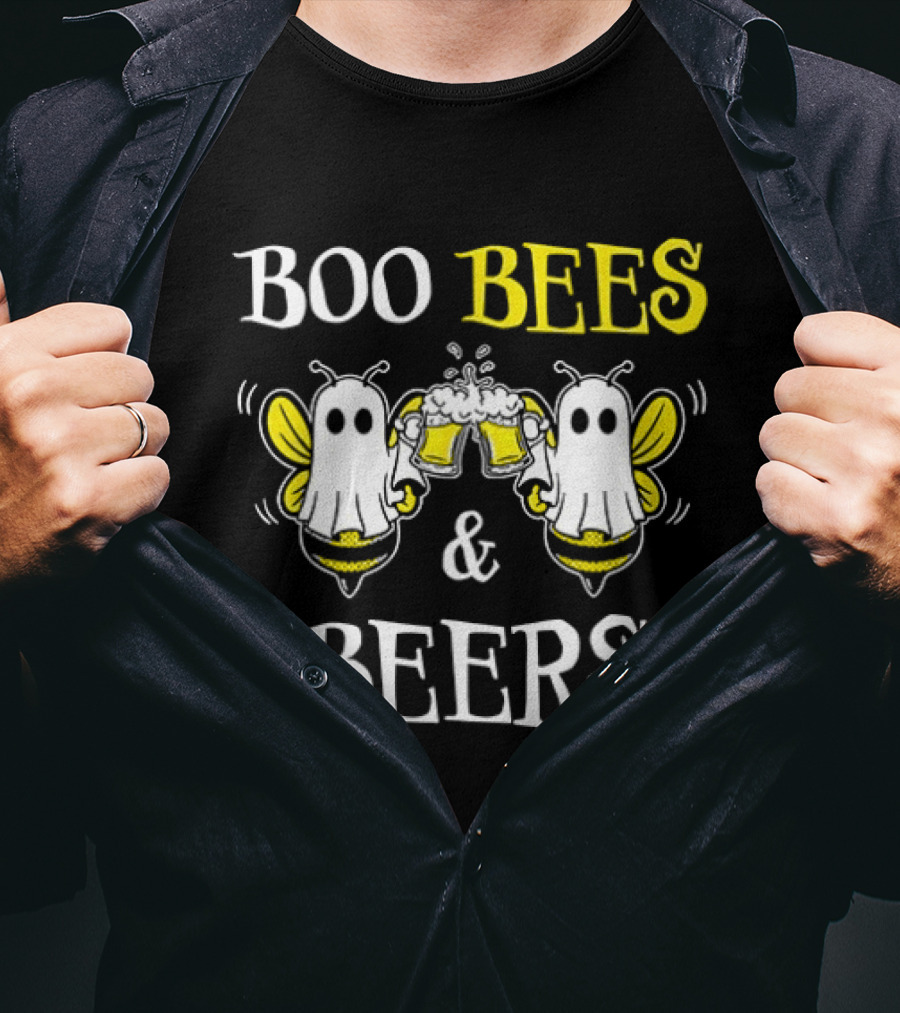 Boo Bees And Beers Halloween 2026 Bumblebee Ghosts Toasting T-Shirt