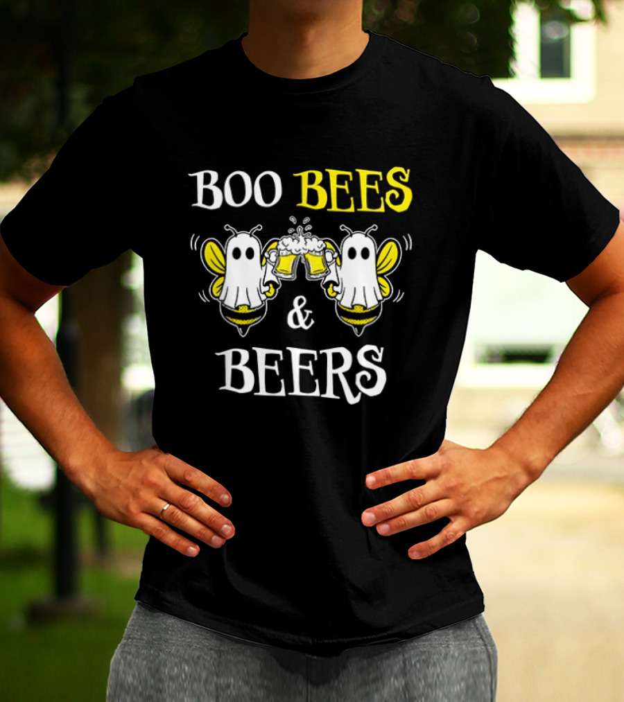 Boo Bees And Beers Halloween 2026 Bumblebee Ghosts Toasting T-Shirt