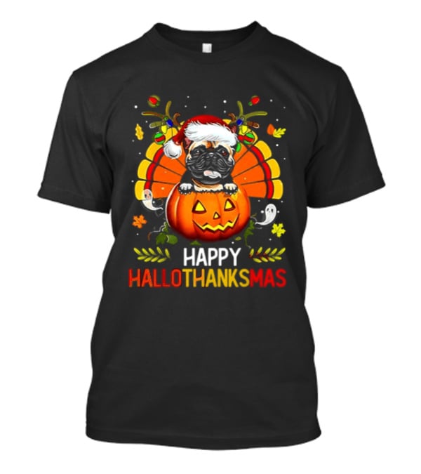 Happy Hallothanksmas Bulldog With Santa Hat Pumpkin And Turkey Feathers 2026 T-Shirt