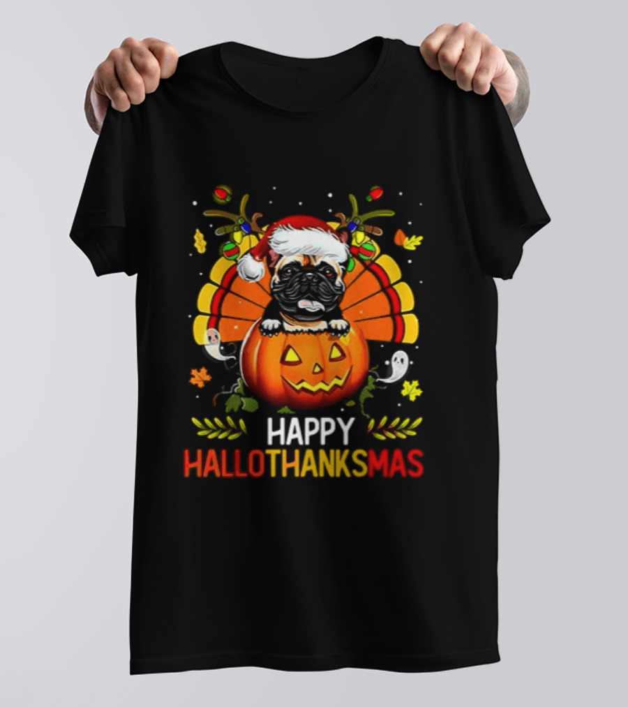 Happy Hallothanksmas Bulldog With Santa Hat Pumpkin And Turkey Feathers 2026 T-Shirt