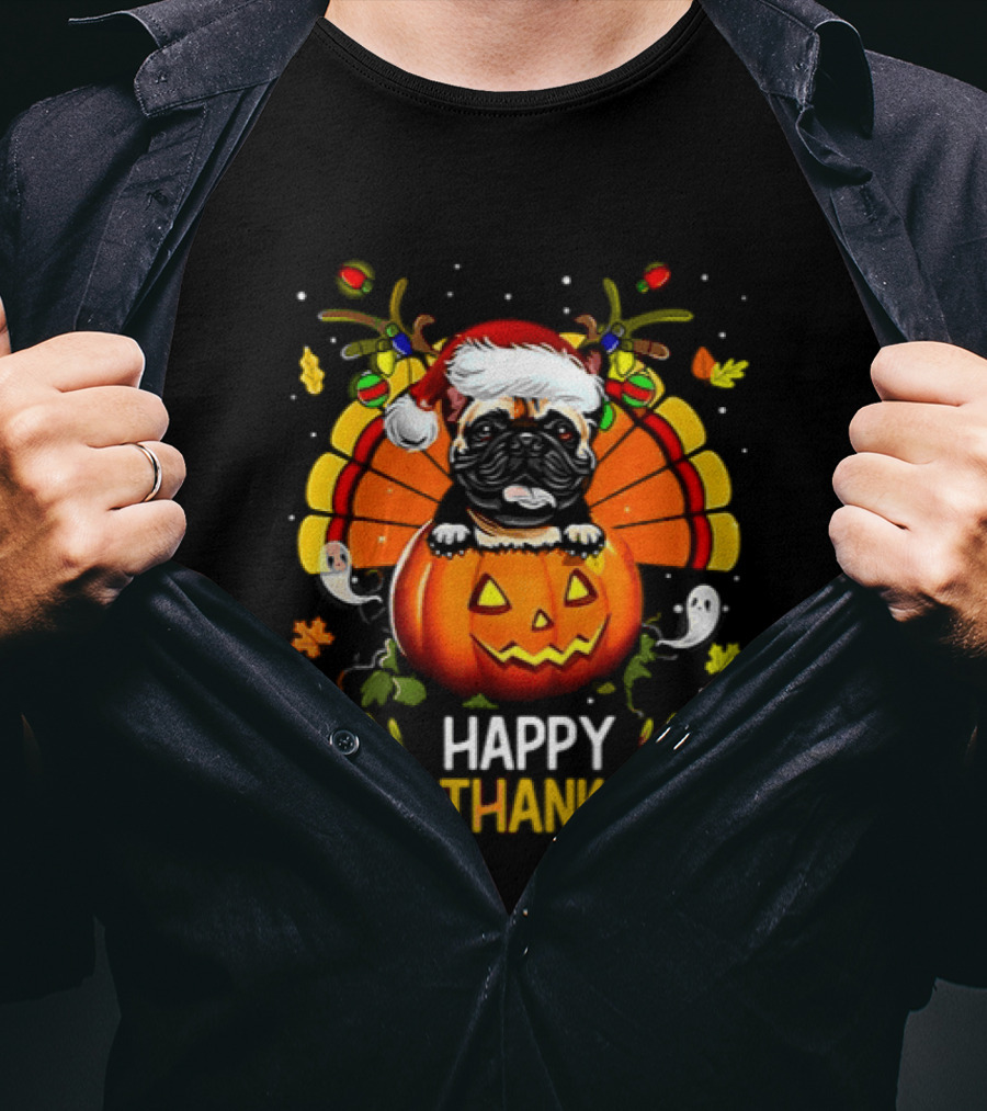 Happy Hallothanksmas Bulldog With Santa Hat Pumpkin And Turkey Feathers 2026 T-Shirt