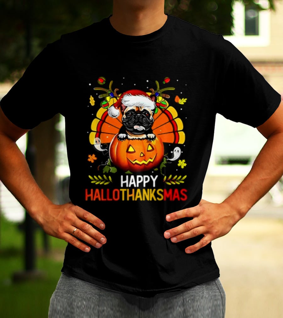 Happy Hallothanksmas Bulldog With Santa Hat Pumpkin And Turkey Feathers 2026 T-Shirt
