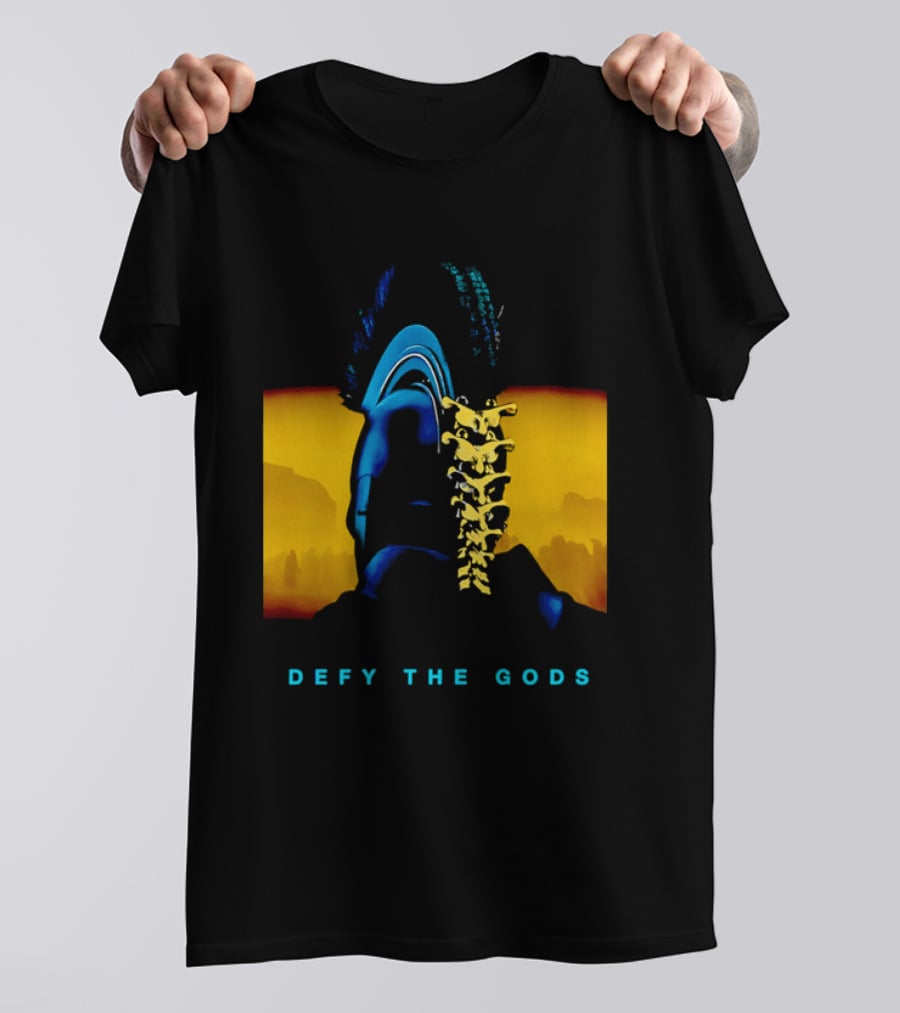 Defy The Gods Spartan Warrior Helmet Art Blue And Gold T-Shirt