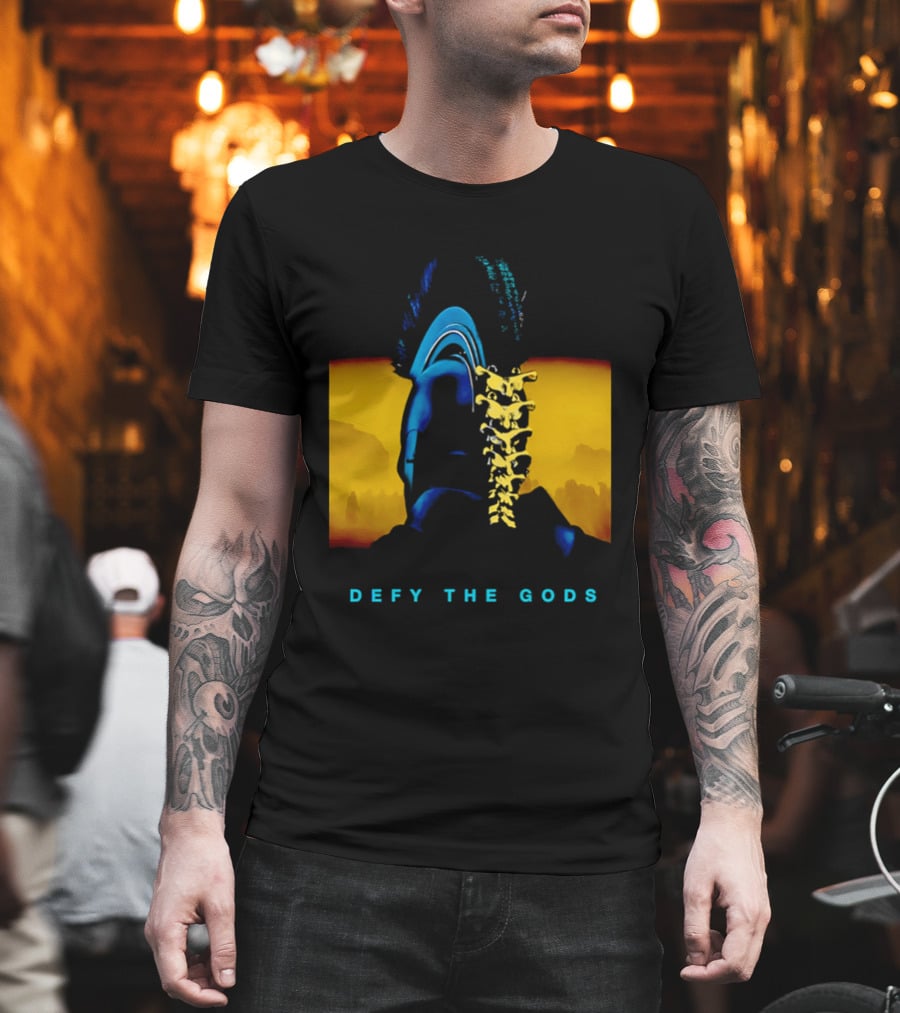Defy The Gods Spartan Warrior Helmet Art Blue And Gold T-Shirt