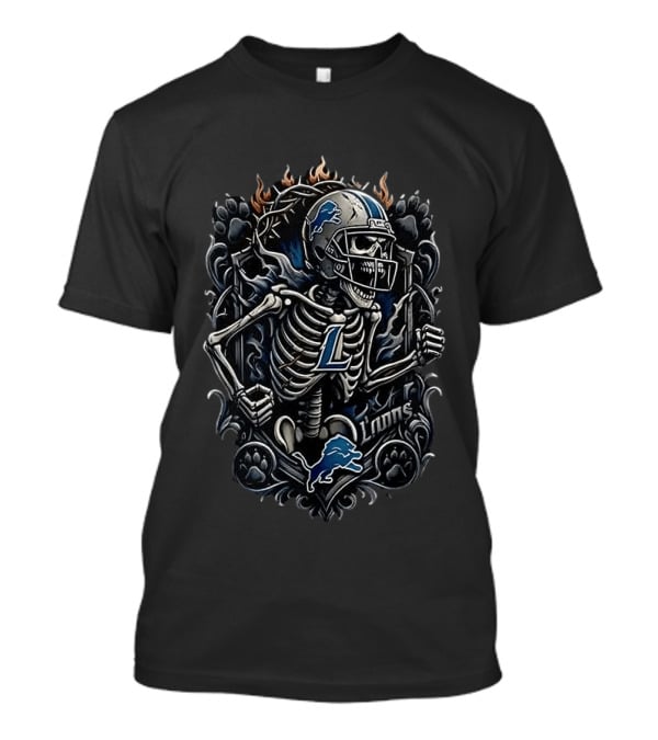 Detroit Lions Football Skeleton With Flames T-Shirt