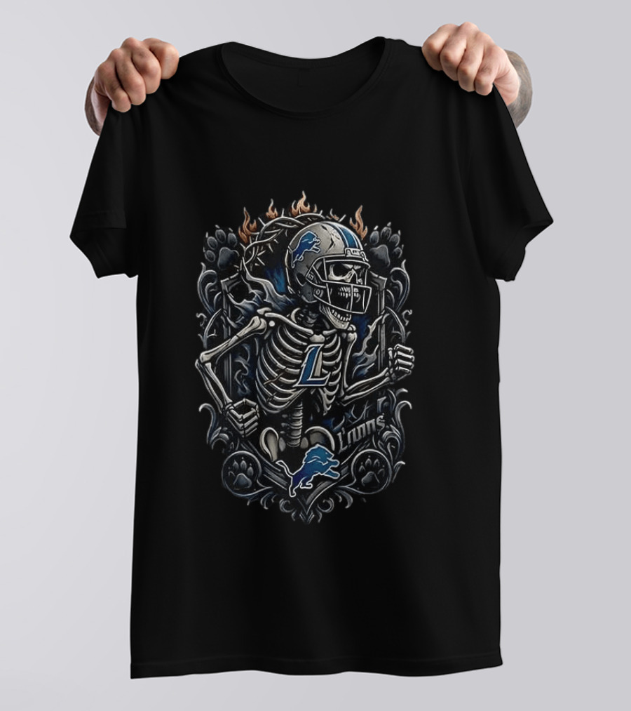 Detroit Lions Football Skeleton With Flames T-Shirt