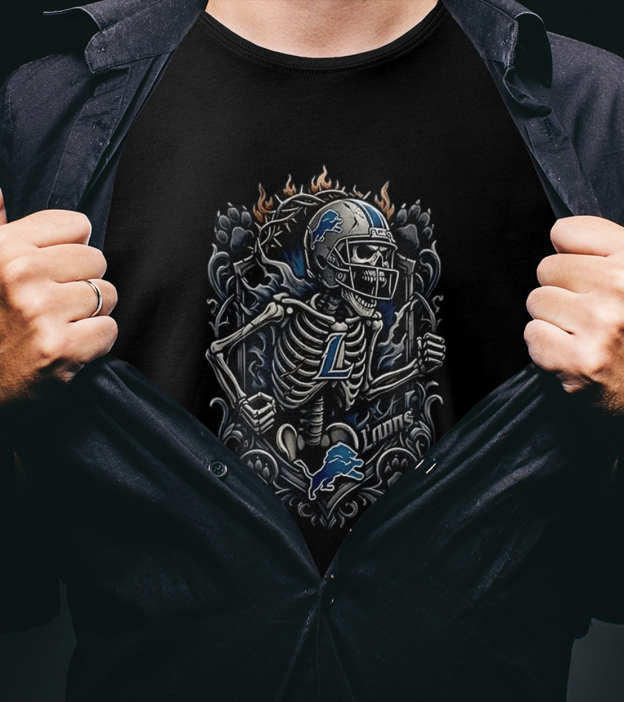 Detroit Lions Football Skeleton With Flames T-Shirt